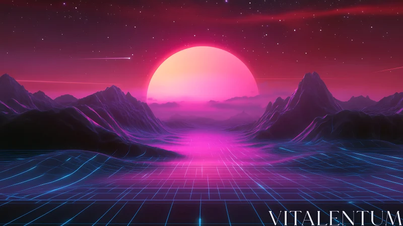 Neon retrofuturist sunset over grid mountainscape horizon.
