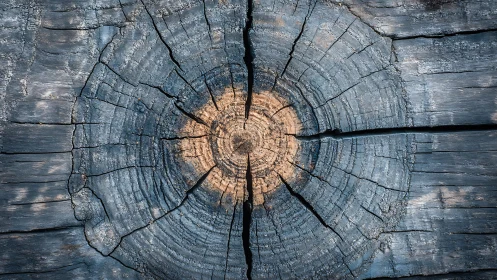 Weathered tree rings split by a central cracked seam.