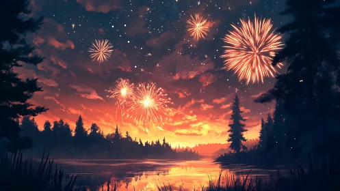 Lakeside fir silhouettes under fiery sunset fireworks display.