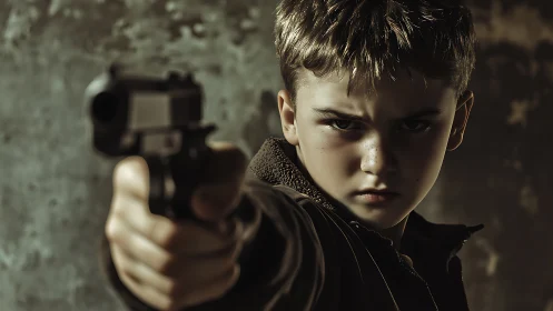Young boy holding handgun in low key dramatic lighting.
