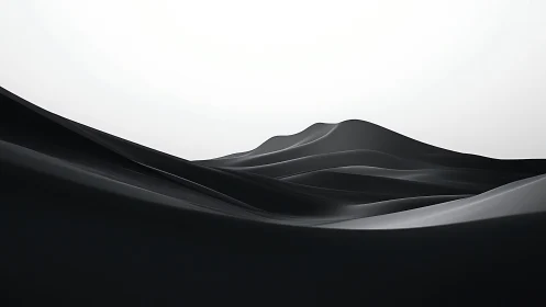 Minimal black abstract dunes under bright white sky.