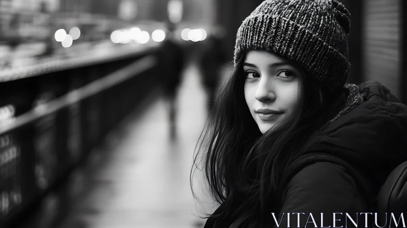 Young Woman in Knit Hat on City Street, Black and White Portrait.