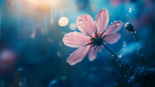 Shallow depth field macro photography: pink cosmos flower with water droplets and bokeh