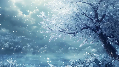 Moonlit cherry tree over lake with drifting white petals.