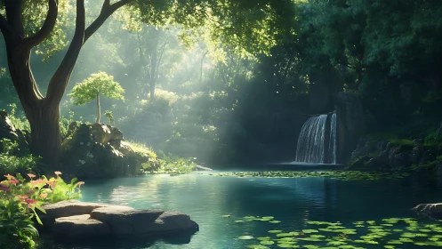Sunlit forest lagoon cradling a hush of falling water.