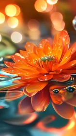 Luminous orange lotus over water with radiant reflections.