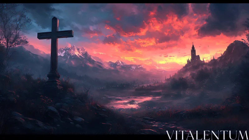 Sunset cross and distant castle in a misty mountain valley.