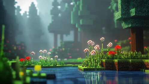 Pixel meadow by a sunlit forest pond, quietly inviting.