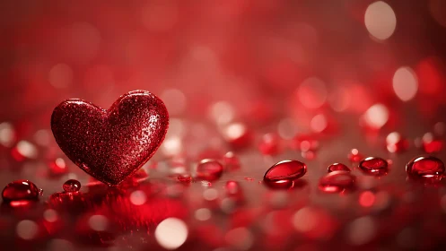 Crystalline red heart among glowing bokeh droplets