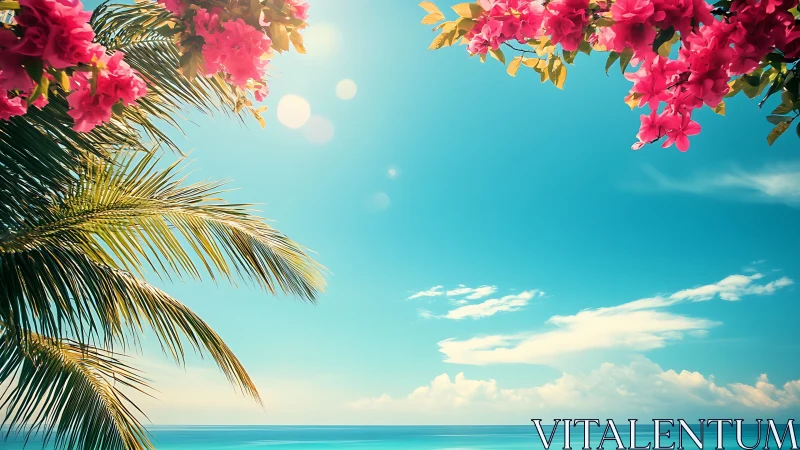 Tropical blossoms crown a sunlit turquoise ocean horizon.