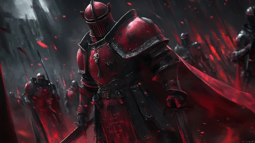 Crimson warlord strides through embers of a shadowed battlefield.