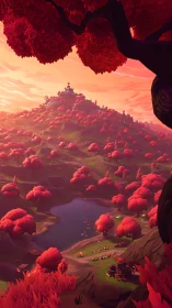 A Magical Realm of Crimson Trees Awakens at Sunset
