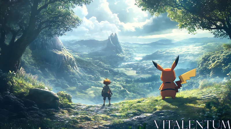 Digital painting landscape with anime duo under forest canopy.