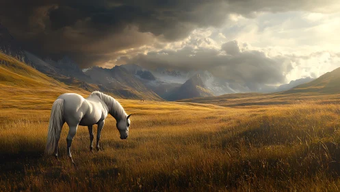White horse grazing under stormlit mountain skies.