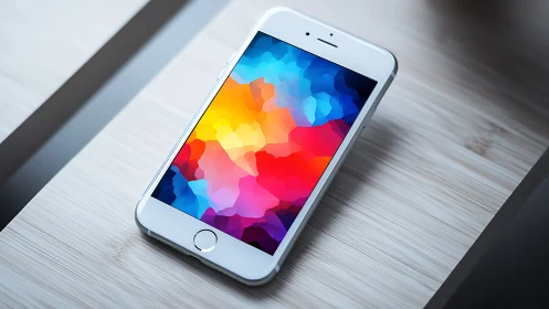 White iPhone displaying gradient mosaic composition with polyhedric color transition
