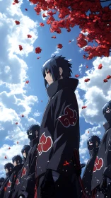 Anime warrior line under crimson maple sky.