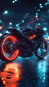 Neon cyber bike under rainlit streets, glowing wheel trails.