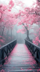 Wooden bridge in foggy forest with dense pink foliage.