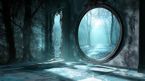 Portal mirror opens onto luminous winter forest corridor