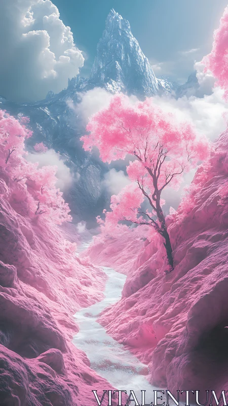 Digital render depicts pink valley with river and peak