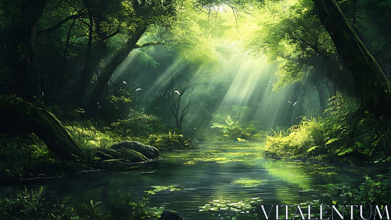 Luminous forest stream with god rays piercing canopy