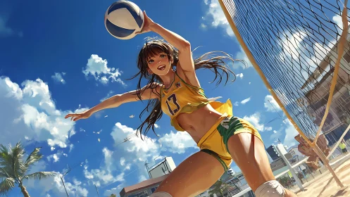 Beach volleyball player jumps to spike ball under blue sky.