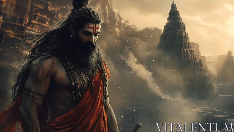 Warrior sage strides through tempest smoke beside ruined spires