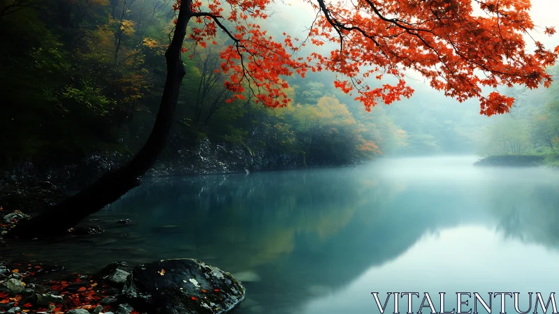 Scarlet maple crowns a misty emerald river at dawn.