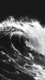 Powerful monochrome ocean wave crashing against dark sky.