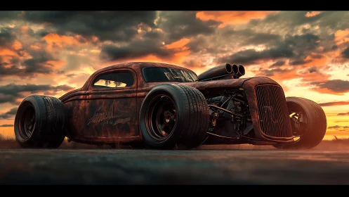 Modified coupe hot rod is positioned on open asphalt at dusk