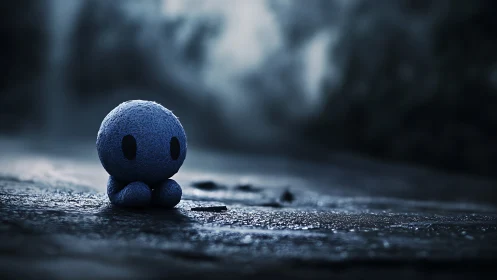 Midnight blue plush wanderer resting on a rainlit road.