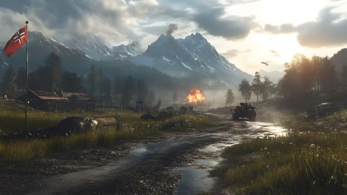 Armored convoy in mountain valley with distant explosion.