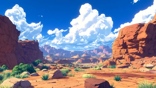 Desert canyon vista under towering cumulus cloud formations.