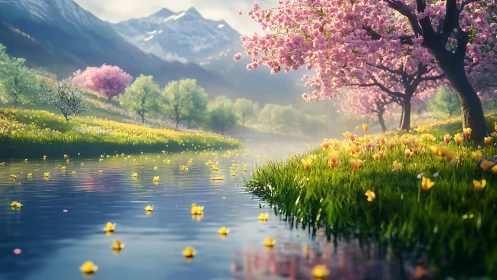 Spring river drifts under blossom-laden trees and glowing peaks