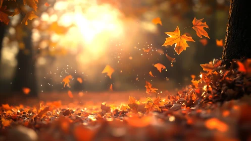 Backlit autumn leaves in shallow depth, volumetric light bloom