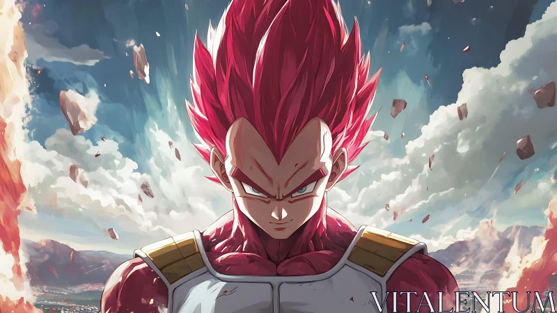 Crimson-haired warrior under turbulent atmospheric rupture.