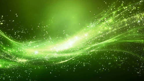 Vivid green light waves and sparkling particles in abstract digital art.