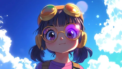 Anime girl with goggles under bright summer sky.