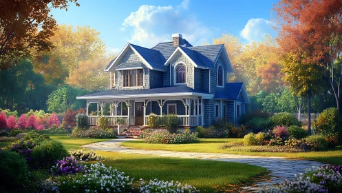 Victorian cottage with manicured landscape under clear sky.