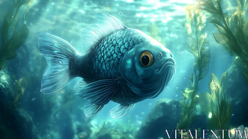 Blue fish in illuminated underwater kelp environment scene.