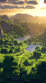 Voxel forest valley glows under golden sunrise light.