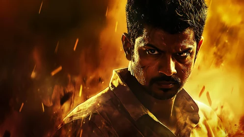 Intense action hero glares through swirling sparks and flame