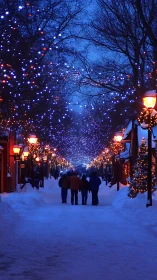 Snowy winter street framed by festive blue and amber lights