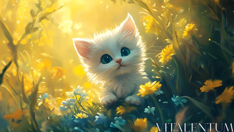 Celestial Kitten Surrounded by Golden Blossoms.