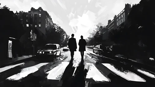 Two pedestrians walk across a crosswalk in monochrome city