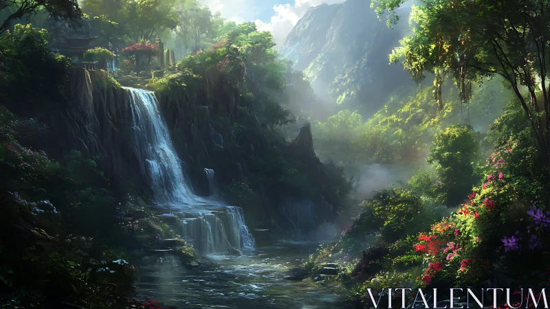 Lush mountain gorge waterfall with overgrown ancient sanctuary
