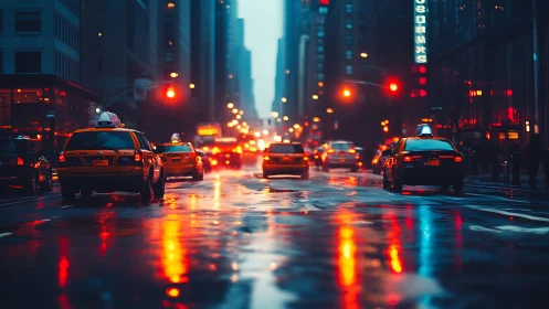 Rain-soaked city taxis glow against neon-drenched twilight streets