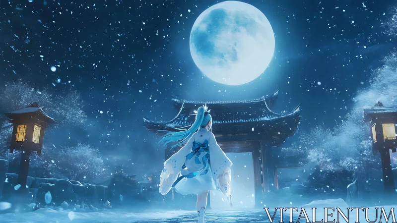 Moonlit shrine courtyard with blue-haired girl in snowfall.