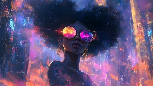 Neon city skyline reflects within cosmic sunglasses at dusk