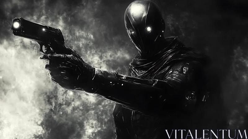 Midnight enforcer in obsidian armor aims through toxic dusk.